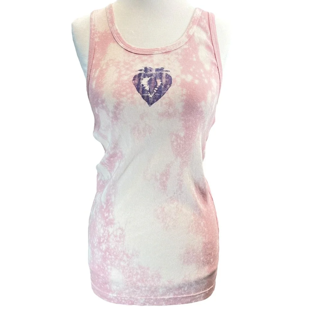 Deal Worthy Womens Tank Top Pink Bleach Tie Dye Heart Graphic Ribbed Knit Medium